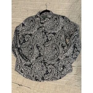 Ralph Lauren Women's Large Button No Iron Navy Blue White Paisley Western shirt
